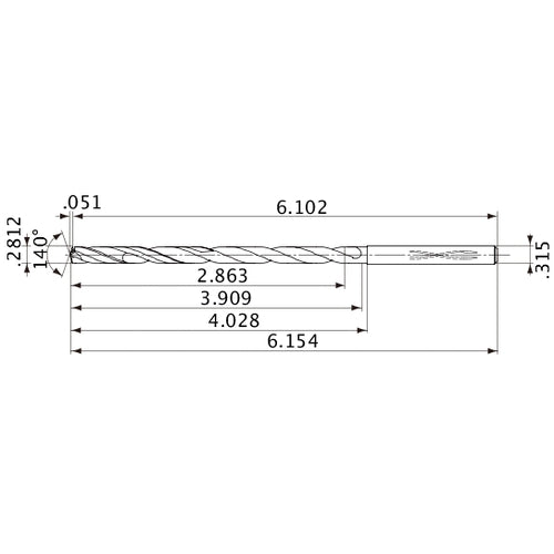 MVS0714X10S080 DP1020 0.2812″ Dia. × 0.315″ Shank × 3.909″ Flute Length × 6.154″ OAL, 140°, 2 Flute, Coolant Thru, Solid Carbide Drill