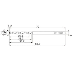 MVS0750X02S080PL DP1020 7.5 mm Dia. × 8 mm Shank × 35.2 mm Flute Length × 80.2 mm OAL, 145°, 2 Flute, Coolant Thru, Solid Carbide Drill