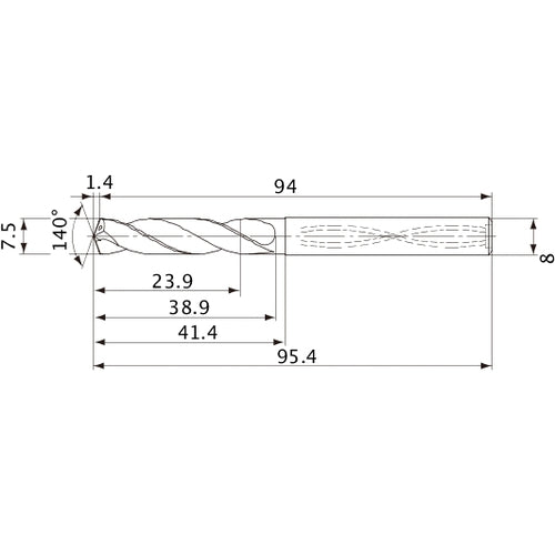MVS0750X03S080 DP1020 7.5 mm Dia. × 8 mm Shank × 38.9 mm Flute Length × 95.4 mm OAL, 140°, 2 Flute, Coolant Thru, Solid Carbide Drill