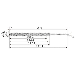 MVS0750X20S080 DP1020 7.5 mm Dia. × 8 mm Shank × 174.4 mm Flute Length × 231.4 mm OAL, 140°, 2 Flute, Coolant Thru, Solid Carbide Drill