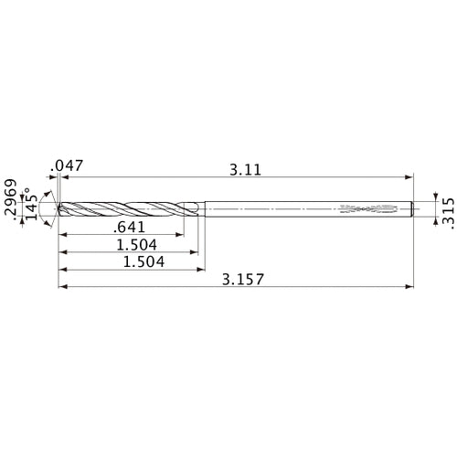MVS0754X02S080PL DP1020 0.2969″ Dia. × 0.315″ Shank × 1.504″ Flute Length × 3.157″ OAL, 145°, 2 Flute, Coolant Thru, Solid Carbide Drill