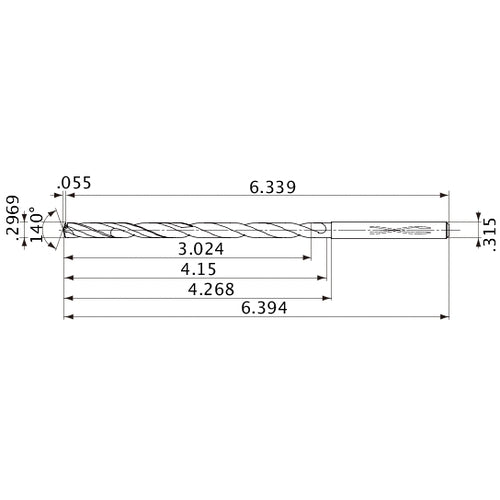 MVS0754X10S080 DP1020 0.2969″ Dia. × 0.315″ Shank × 4.15″ Flute Length × 6.394″ OAL, 140°, 2 Flute, Coolant Thru, Solid Carbide Drill