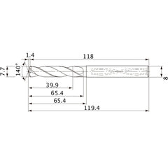 MVS0770X05S080 DP1020 7.7 mm Dia. × 8 mm Shank × 65.4 mm Flute Length × 119.4 mm OAL, 140°, 2 Flute, Coolant Thru, Solid Carbide Drill