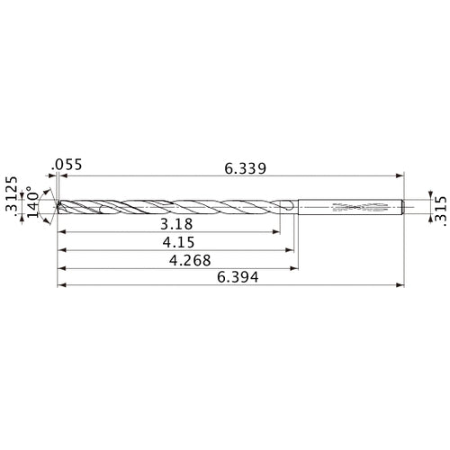MVS0794X10S080 DP1020 5/16″ Dia. × 0.315″ Shank × 4.15″ Flute Length × 6.394″ OAL, 140°, 2 Flute, Coolant Thru, Solid Carbide Drill