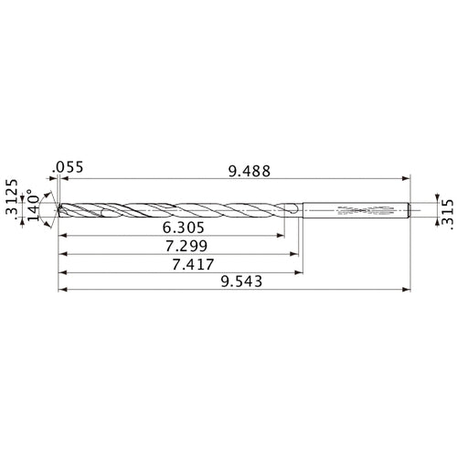 MVS0794X20S080 DP1020 5/16″ Dia. × 0.315″ Shank × 7.299″ Flute Length × 9.543″ OAL, 140°, 2 Flute, Coolant Thru, Solid Carbide Drill