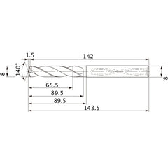 MVS0800X08S080 DP1020 8 mm Dia. × 8 mm Shank × 89.5 mm Flute Length × 143.5 mm OAL, 140°, 2 Flute, Coolant Thru, Solid Carbide Drill