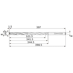 MVS0800X40S080 DP1020 8 mm Dia. × 8 mm Shank × 341.5 mm Flute Length × 398.5 mm OAL, 140°, 2 Flute, Coolant Thru, Solid Carbide Drill