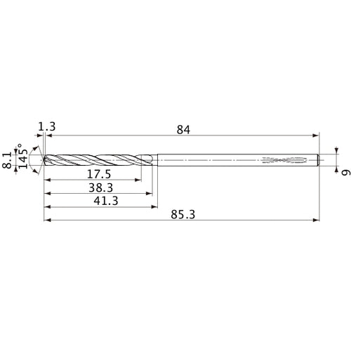 MVS0810X02S090PL DP1020 8.1 mm Dia. × 9 mm Shank × 38.3 mm Flute Length × 85.3 mm OAL, 145°, 2 Flute, Coolant Thru, Solid Carbide Drill