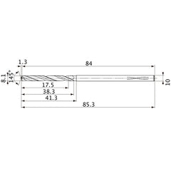 MVS0810X02S100PL DP1020 8.1 mm Dia. × 10 mm Shank × 38.3 mm Flute Length × 85.3 mm OAL, 145°, 2 Flute, Coolant Thru, Solid Carbide Drill