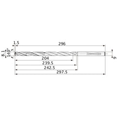 MVS0810X25S090 DP1020 8.1 mm Dia. × 9 mm Shank × 239.5 mm Flute Length × 297.5 mm OAL, 140°, 2 Flute, Coolant Thru, Solid Carbide Drill
