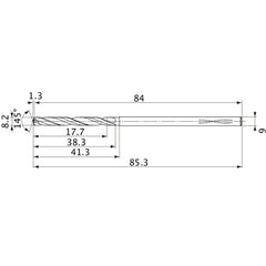 MVS0820X02S090PL DP1020 8.2 mm Dia. × 9 mm Shank × 38.3 mm Flute Length × 85.3 mm OAL, 145°, 2 Flute, Coolant Thru, Solid Carbide Drill