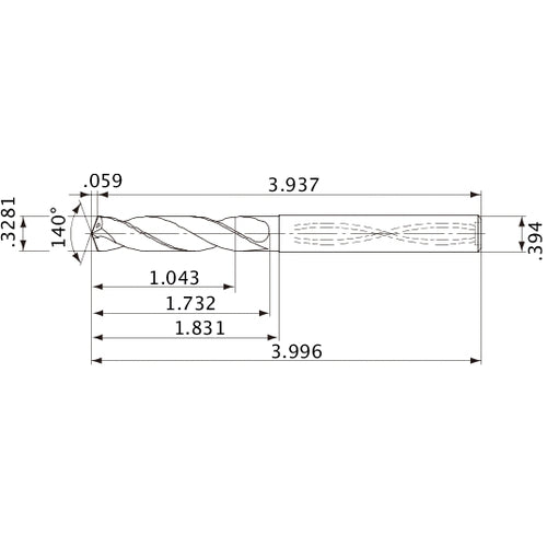 MVS0833X03S100 DP1020 0.3281″ Dia. × 0.394″ Shank × 1.732″ Flute Length × 3.996″ OAL, 140°, 2 Flute, Coolant Thru, Solid Carbide Drill