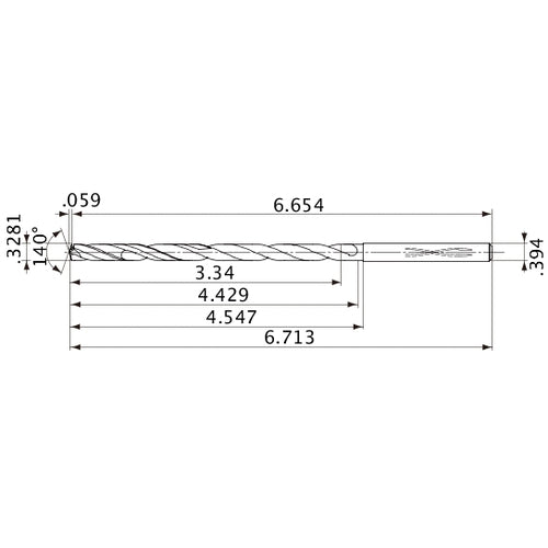 MVS0833X10S100 DP1020 0.3281″ Dia. × 0.394″ Shank × 4.429″ Flute Length × 6.713″ OAL, 140°, 2 Flute, Coolant Thru, Solid Carbide Drill