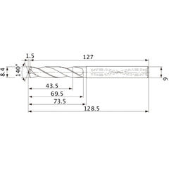 MVS0840X05S090 DP1020 8.4 mm Dia. × 9 mm Shank × 69.5 mm Flute Length × 128.5 mm OAL, 140°, 2 Flute, Coolant Thru, Solid Carbide Drill