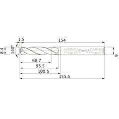 MVS0840X08S090 DP1020 8.4 mm Dia. × 9 mm Shank × 95.5 mm Flute Length × 155.5 mm OAL, 140°, 2 Flute, Coolant Thru, Solid Carbide Drill