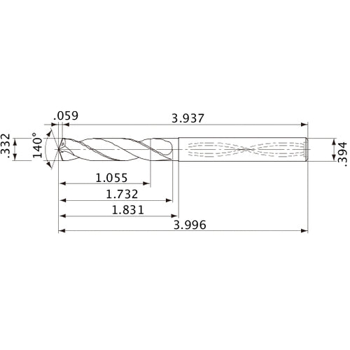 MVS0843X03S100 DP1020 0.332″ Dia. × 0.394″ Shank × 1.732″ Flute Length × 3.996″ OAL, 140°, 2 Flute, Coolant Thru, Solid Carbide Drill