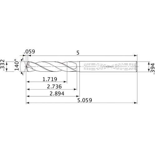 MVS0843X05S100 DP1020 0.332″ Dia. × 0.394″ Shank × 2.736″ Flute Length × 5.059″ OAL, 140°, 2 Flute, Coolant Thru, Solid Carbide Drill