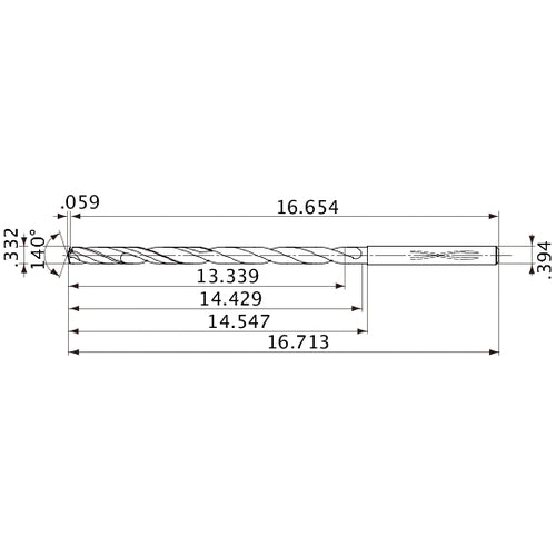 MVS0843X40S100 DP1020 0.332″ Dia. × 0.394″ Shank × 14.429″ Flute Length × 16.713″ OAL, 140°, 2 Flute, Coolant Thru, Solid Carbide Drill