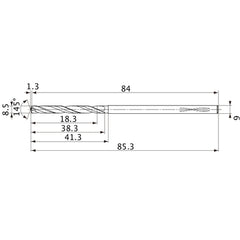 MVS0850X02S090PL DP1020 8.5 mm Dia. × 9 mm Shank × 38.3 mm Flute Length × 85.3 mm OAL, 145°, 2 Flute, Coolant Thru, Solid Carbide Drill