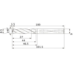 MVS0850X03S090 DP1020 8.5 mm Dia. × 9 mm Shank × 44 mm Flute Length × 101.5 mm OAL, 140°, 2 Flute, Coolant Thru, Solid Carbide Drill