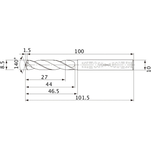 MVS0850X03S100 DP1020 8.5 mm Dia. × 10 mm Shank × 44 mm Flute Length × 101.5 mm OAL, 140°, 2 Flute, Coolant Thru, Solid Carbide Drill