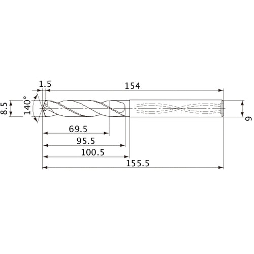 MVS0850X08S090 DP1020 8.5 mm Dia. × 9 mm Shank × 95.5 mm Flute Length × 155.5 mm OAL, 140°, 2 Flute, Coolant Thru, Solid Carbide Drill