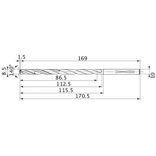 MVS0850X10S100 DP1020 8.5 mm Dia. × 10 mm Shank × 112.5 mm Flute Length × 170.5 mm OAL, 140°, 2 Flute, Coolant Thru, Solid Carbide Drill