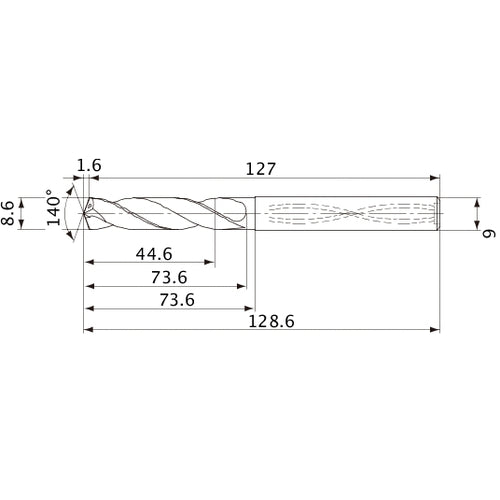 MVS0860X05S090 DP1020 8.6 mm Dia. × 9 mm Shank × 73.6 mm Flute Length × 128.6 mm OAL, 140°, 2 Flute, Coolant Thru, Solid Carbide Drill