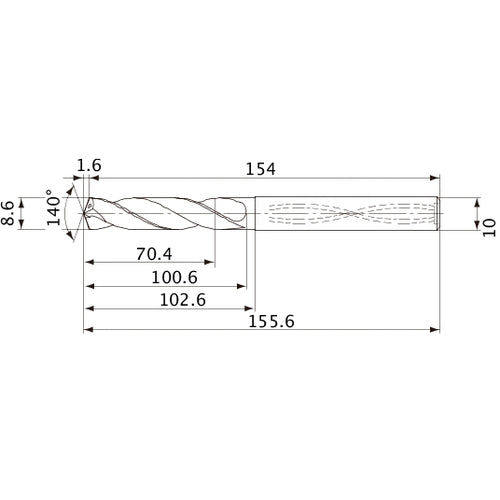 MVS0860X08S100 DP1020 8.6 mm Dia. × 10 mm Shank × 100.6 mm Flute Length × 155.6 mm OAL, 140°, 2 Flute, Coolant Thru, Solid Carbide Drill