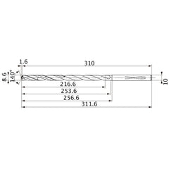 MVS0860X25S100 DP1020 8.6 mm Dia. × 10 mm Shank × 253.6 mm Flute Length × 311.6 mm OAL, 140°, 2 Flute, Coolant Thru, Solid Carbide Drill