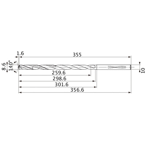 MVS0860X30S100 DP1020 8.6 mm Dia. × 10 mm Shank × 298.6 mm Flute Length × 356.6 mm OAL, 140°, 2 Flute, Coolant Thru, Solid Carbide Drill
