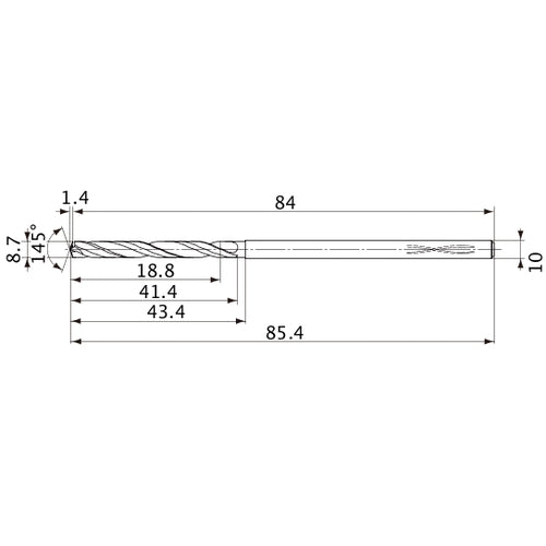 MVS0870X02S100PL DP1020 8.7 mm Dia. × 10 mm Shank × 41.4 mm Flute Length × 85.4 mm OAL, 145°, 2 Flute, Coolant Thru, Solid Carbide Drill