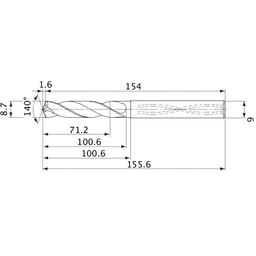 MVS0870X08S090 DP1020 8.7 mm Dia. × 9 mm Shank × 100.6 mm Flute Length × 155.6 mm OAL, 140°, 2 Flute, Coolant Thru, Solid Carbide Drill
