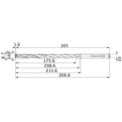 MVS0870X20S100 DP1020 8.7 mm Dia. × 10 mm Shank × 208.6 mm Flute Length × 266.6 mm OAL, 140°, 2 Flute, Coolant Thru, Solid Carbide Drill