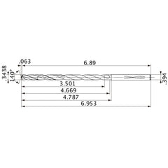 MVS0873X10S100 DP1020 0.3438″ Dia. × 0.394″ Shank × 4.669″ Flute Length × 6.953″ OAL, 140°, 2 Flute, Coolant Thru, Solid Carbide Drill