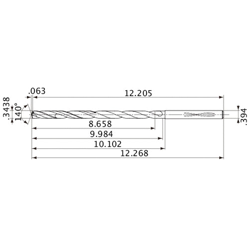 MVS0873X25S100 DP1020 0.3438″ Dia. × 0.394″ Shank × 9.984″ Flute Length × 12.268″ OAL, 140°, 2 Flute, Coolant Thru, Solid Carbide Drill
