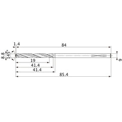 MVS0880X02S090PL DP1020 8.8 mm Dia. × 9 mm Shank × 41.4 mm Flute Length × 85.4 mm OAL, 145°, 2 Flute, Coolant Thru, Solid Carbide Drill