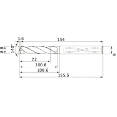 MVS0880X08S090 DP1020 8.8 mm Dia. × 9 mm Shank × 100.6 mm Flute Length × 155.6 mm OAL, 140°, 2 Flute, Coolant Thru, Solid Carbide Drill