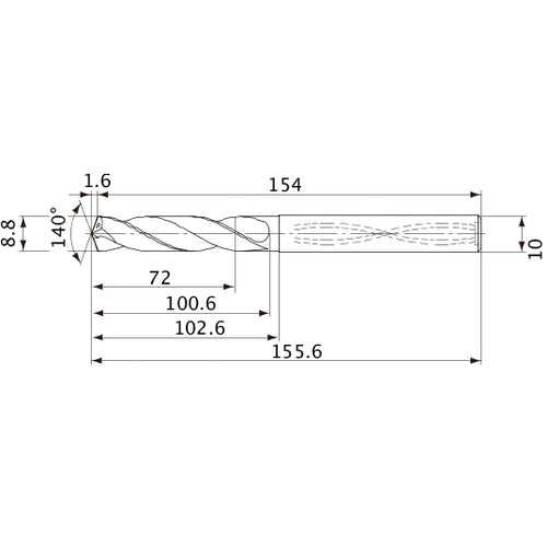 MVS0880X08S100 DP1020 8.8 mm Dia. × 10 mm Shank × 100.6 mm Flute Length × 155.6 mm OAL, 140°, 2 Flute, Coolant Thru, Solid Carbide Drill