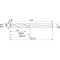 MVS0880X08S100 DP1020 8.8 mm Dia. × 10 mm Shank × 100.6 mm Flute Length × 155.6 mm OAL, 140°, 2 Flute, Coolant Thru, Solid Carbide Drill