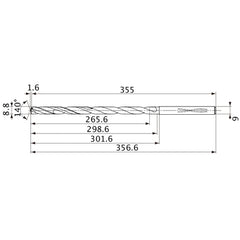 MVS0880X30S090 DP1020 8.8 mm Dia. × 9 mm Shank × 298.6 mm Flute Length × 356.6 mm OAL, 140°, 2 Flute, Coolant Thru, Solid Carbide Drill