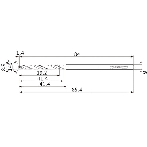 MVS0890X02S090PL DP1020 8.9 mm Dia. × 9 mm Shank × 41.4 mm Flute Length × 85.4 mm OAL, 145°, 2 Flute, Coolant Thru, Solid Carbide Drill
