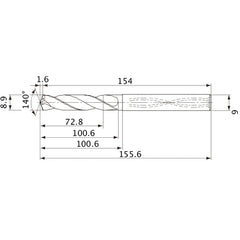 MVS0890X08S090 DP1020 8.9 mm Dia. × 9 mm Shank × 100.6 mm Flute Length × 155.6 mm OAL, 140°, 2 Flute, Coolant Thru, Solid Carbide Drill