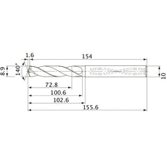 MVS0890X08S100 DP1020 8.9 mm Dia. × 10 mm Shank × 100.6 mm Flute Length × 155.6 mm OAL, 140°, 2 Flute, Coolant Thru, Solid Carbide Drill