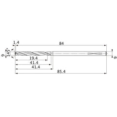 MVS0900X02S090PL DP1020 9 mm Dia. × 9 mm Shank × 41.4 mm Flute Length × 85.4 mm OAL, 145°, 2 Flute, Coolant Thru, Solid Carbide Drill