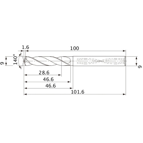 MVS0900X03S090 DP1020 9 mm Dia. × 9 mm Shank × 46.6 mm Flute Length × 101.6 mm OAL, 140°, 2 Flute, Coolant Thru, Solid Carbide Drill