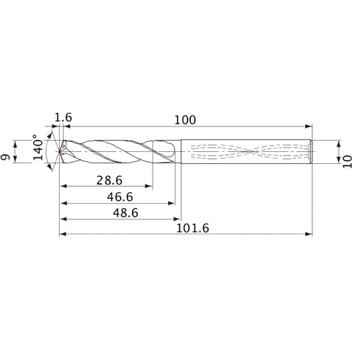 MVS0900X03S100 DP1020 9 mm Dia. × 10 mm Shank × 46.6 mm Flute Length × 101.6 mm OAL, 140°, 2 Flute, Coolant Thru, Solid Carbide Drill