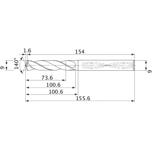 MVS0900X08S090 DP1020 9 mm Dia. × 9 mm Shank × 100.6 mm Flute Length × 155.6 mm OAL, 140°, 2 Flute, Coolant Thru, Solid Carbide Drill