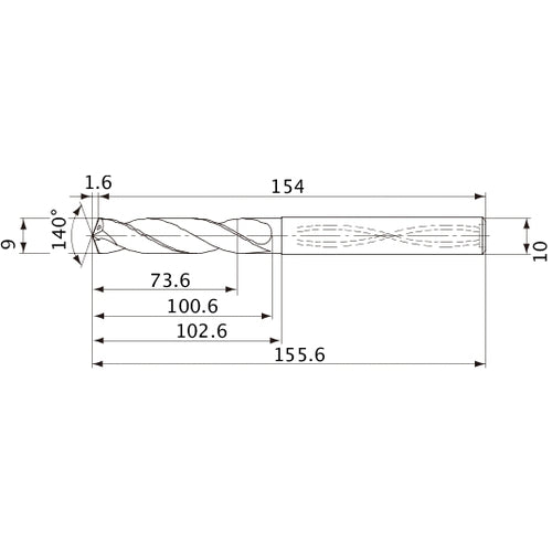 MVS0900X08S100 DP1020 9 mm Dia. × 10 mm Shank × 100.6 mm Flute Length × 155.6 mm OAL, 140°, 2 Flute, Coolant Thru, Solid Carbide Drill