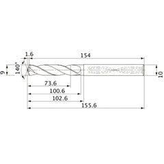 MVS0900X08S100 DP1020 9 mm Dia. × 10 mm Shank × 100.6 mm Flute Length × 155.6 mm OAL, 140°, 2 Flute, Coolant Thru, Solid Carbide Drill